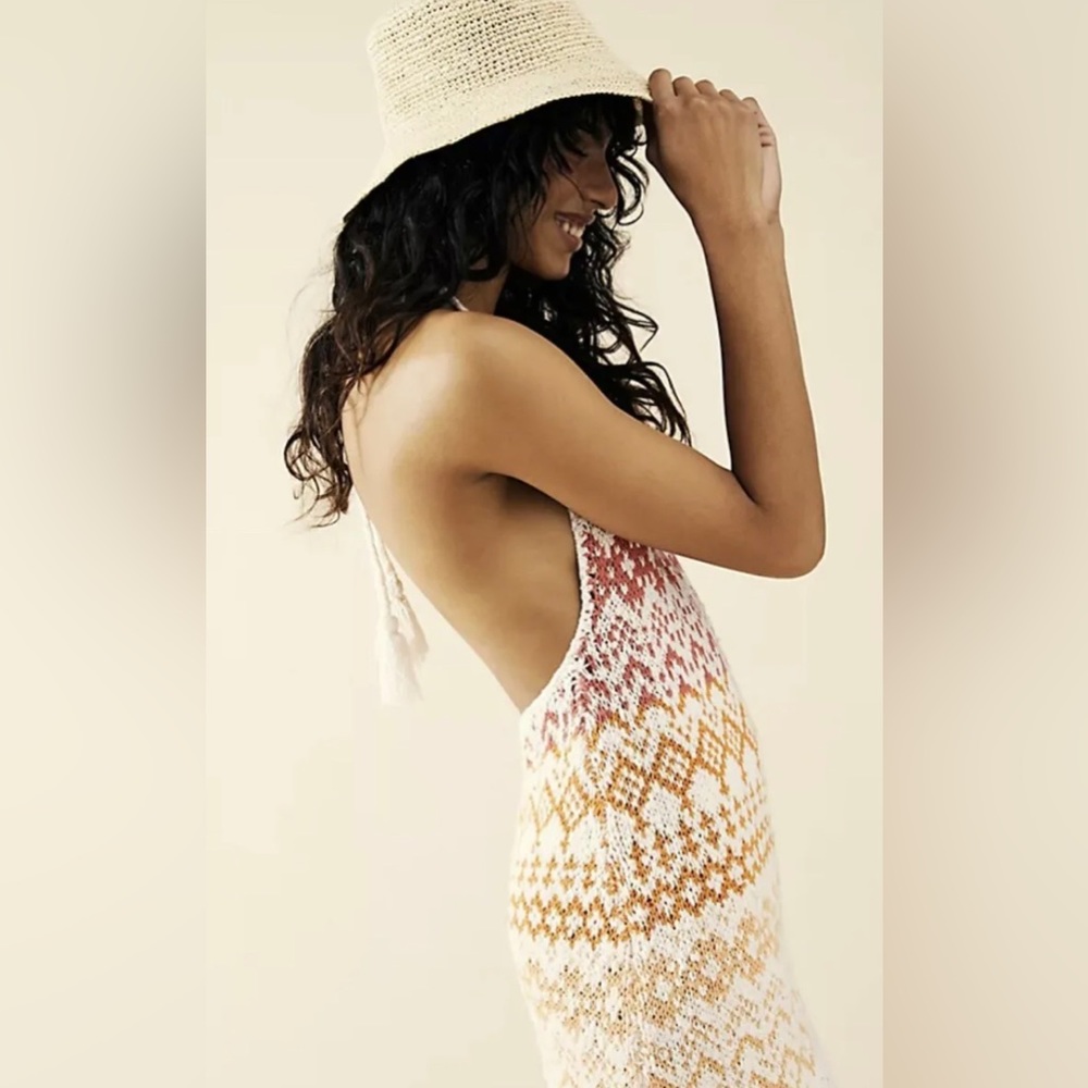 NWOT Free People Ikat Oasis Maxi Dress Halter Crochet Print Knit Backless Ivory - Picture 6 of 12